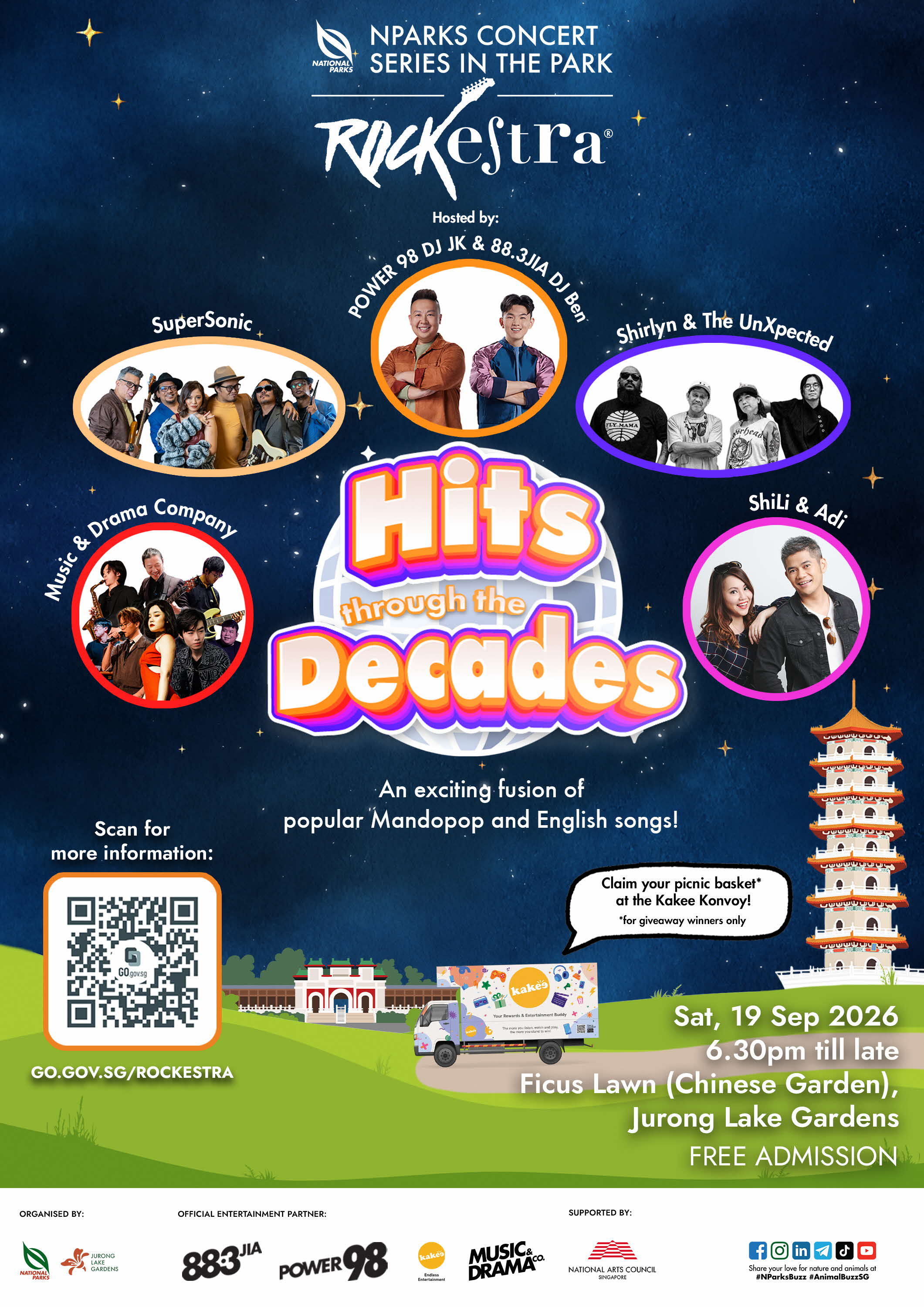 rockestra concert poster featuring performing artistes and theme "hits through the decades"